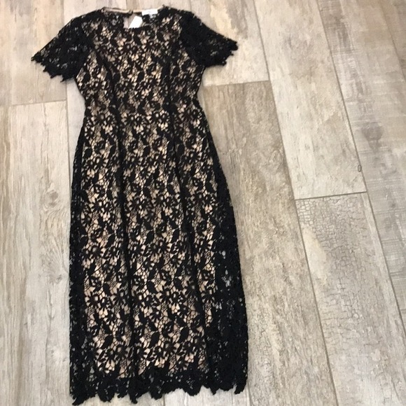 NWT NSR Nude slip with Black lace overlay Short sleeve MIDI dress size Medium - Picture 5 of 9